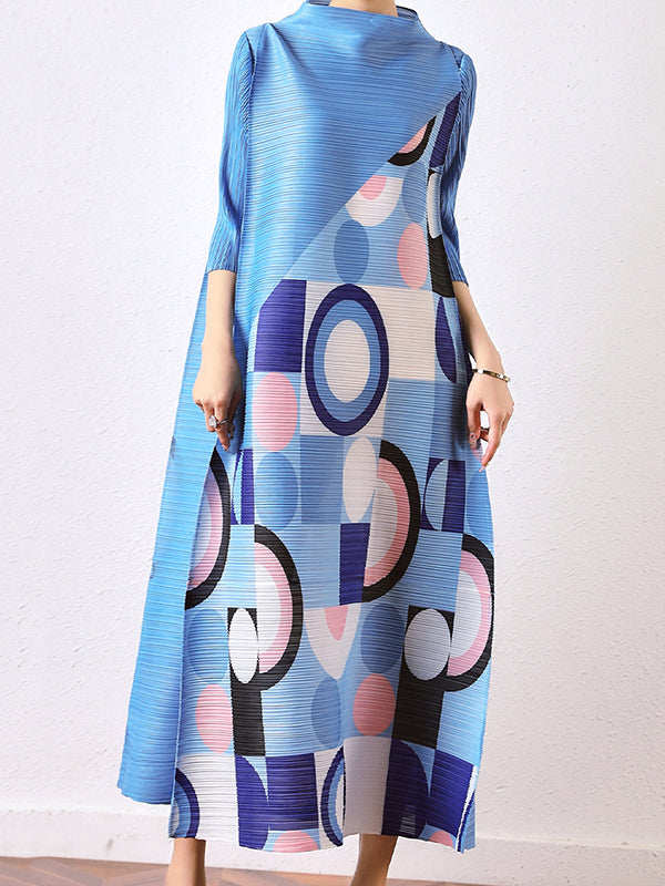 Fashion Loose Geometric Printed Pleated Midi Dress