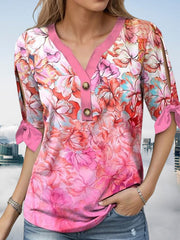 Half Sleeves Loose Buttoned Flower Print Tied V-Neck T-Shirts Tops