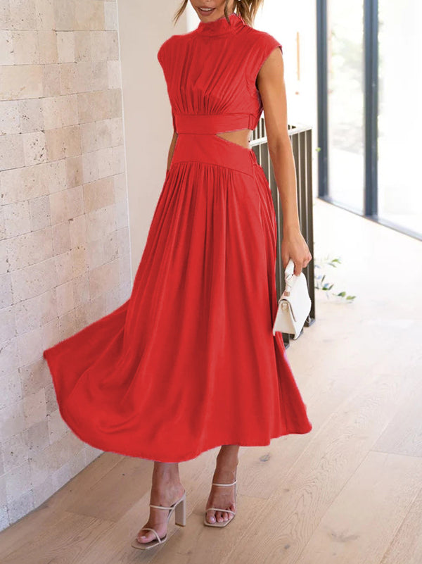 Cap Sleeve Belly-Hollow Pleated Solid Color Stand Collar Maxi Dresses