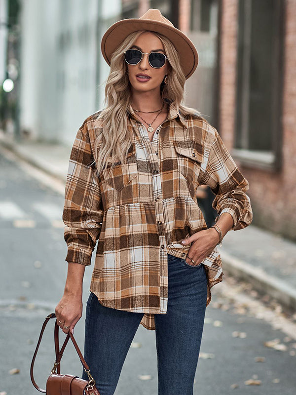 Vintage Loose Checkered Lapel Blouses&Shirts Tops