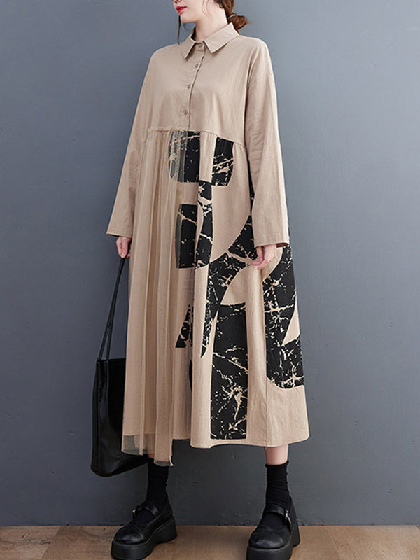 Casual Long Sleeves Loose Contrast Color Split-Joint Lapel Collar Midi Dresses