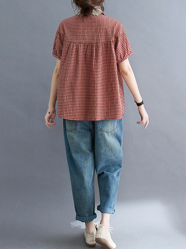 Cotton Blend Plaid Polo Puff Sleeve T-Shirts Tops