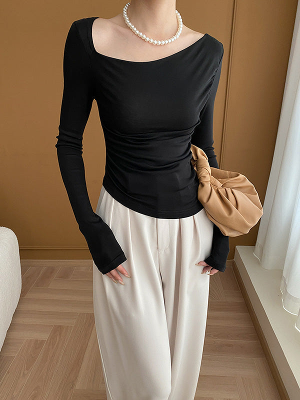 Long Sleeves Skinny Solid Color Asymmetric Collar T-Shirts Tops