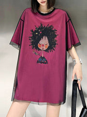 False Two Loose Gauze Printed Split-Joint Tiered Round-Neck T-Shirts Tops