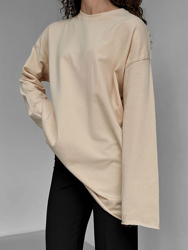 Long Sleeves Loose Solid Color Round-Neck T-Shirts Tops