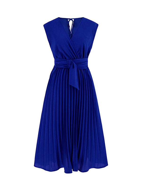 Sleeveless Pleated Solid Color Tied Waist V-Neck Midi Dresses