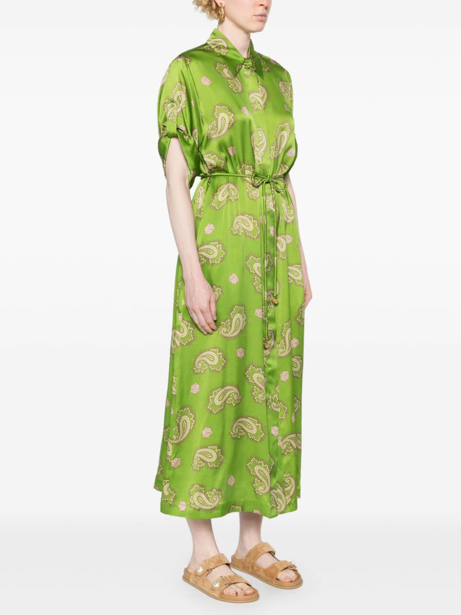 Exquisite Satin Paisley Print tie Midi Dress