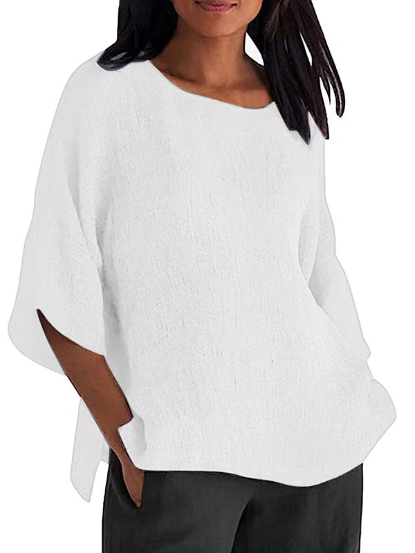 Linen Three-Quarter Sleeves Solid Color Split-Joint Split-Side Round-Neck T-Shirts Tops