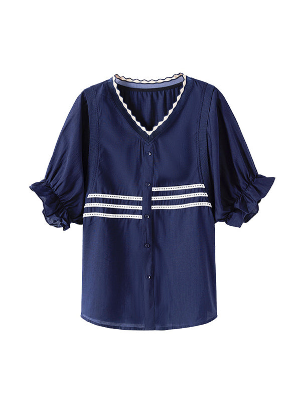 Flared Sleeves Half Sleeves Asymmetric Buttoned Pleated Ruffled Striped V-Neck Blouses&Shirts Tops