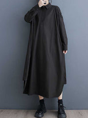 A-Line Long Sleeves Buttoned Hollow Pleated Pockets Solid Color Lapel Midi Dresses Shirt Dress