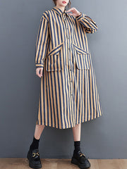 Original Loose Long Sleeves Buttoned Striped Lapel Collar Midi Shirt Dresses