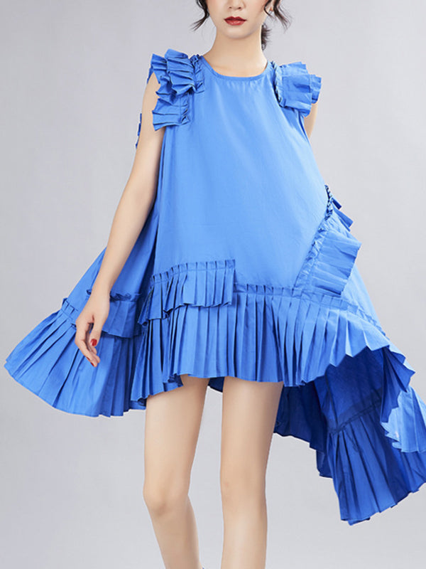 Flying Sleeves Loose Asymmetric Pleated Solid Color Split-Joint Round-Neck Midi Dresses