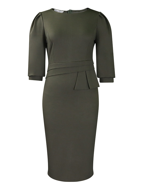 Bodycon Half Sleeves Pleated Solid Color Split-Back Split-Joint Zipper Round-Neck Midi Dresses