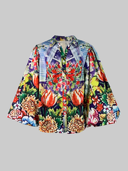 Loose Puff Sleeves Flower Print Split-Joint Lapel Blouses&Shirts Tops