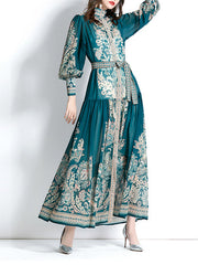 A-line Puff Sleeves Printed See-Through Tied Waist Stand Collar Maxi Dresses