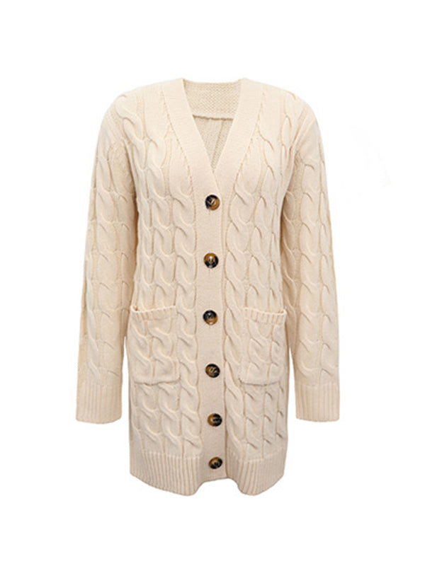 Urban Simple Loose Buttoned Solid Color Jacquard Cardigan Coat