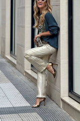 Retro Straight Silver Loose Pocket Wide-leg Pants