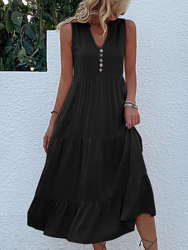 Loose Sleeveless Pleated Split-Joint V-Neck Midi Dresses