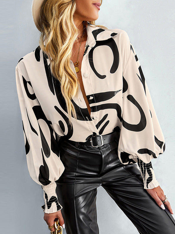 Casual Loose Long Sleeves Printed Lapel Collar Blouses&Shirts Tops