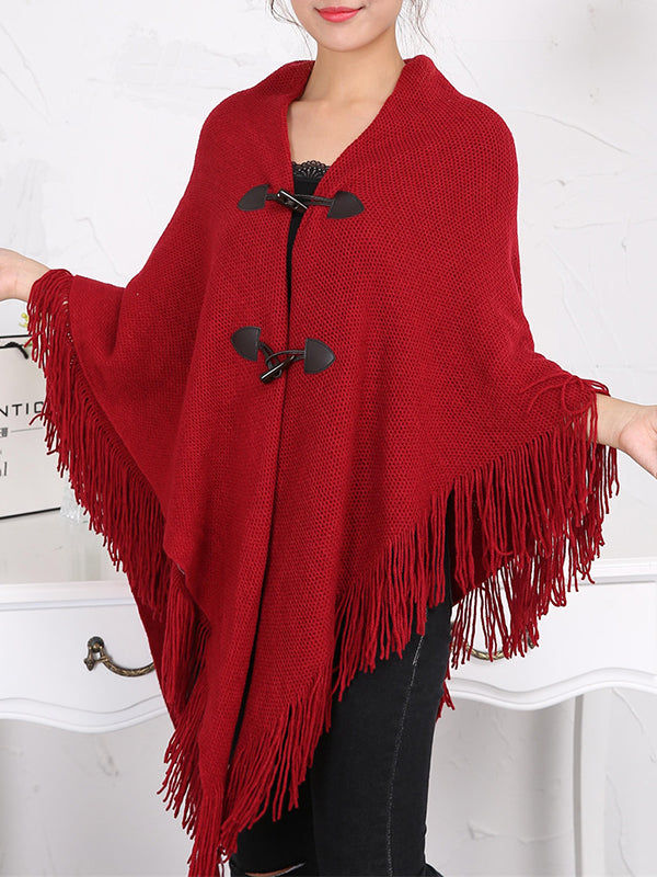 Loose Buttoned Keep Warm Tasseled Velvet Shawl&Scarf