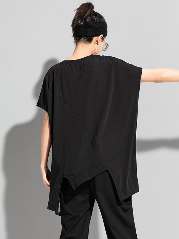 Stylish Irregular Zipper Split-Joint Black T-Shirt Top