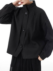 Long Sleeves Loose Buttoned Elasticity Pleated Stand Collar Jackets Outerwear