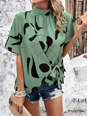 Half Sleeves Loose Asymmetric Pleated Printed Tied Mock Neck Blouses&Shirts Tops