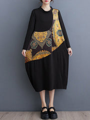 Long Sleeves Loose Asymmetric Printed Split-Joint Round-Neck Midi Dresses