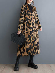 Long Sleeves Loose Buttoned Leopard Pockets Split-Joint V-Neck Outerwear Trench Coats