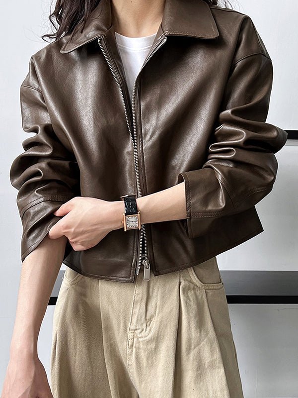 Long Sleeves Loose Solid Color Zipper Lapel Collar Jackets&Coats Outerwear