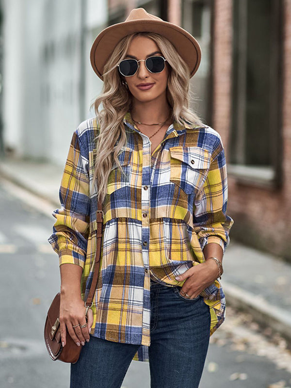 Vintage Loose Checkered Lapel Blouses&Shirts Tops