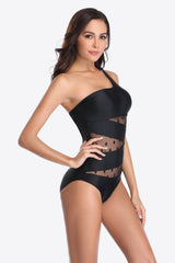 Sheer Polka Mesh One-Shoulder Swimsuit