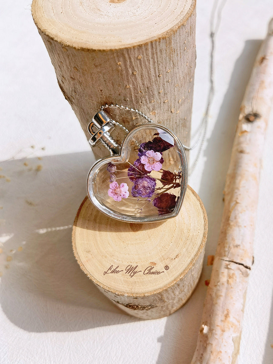 Flat Purple Red Flower Forget-Me-Not Crystal Glass Heart Necklace