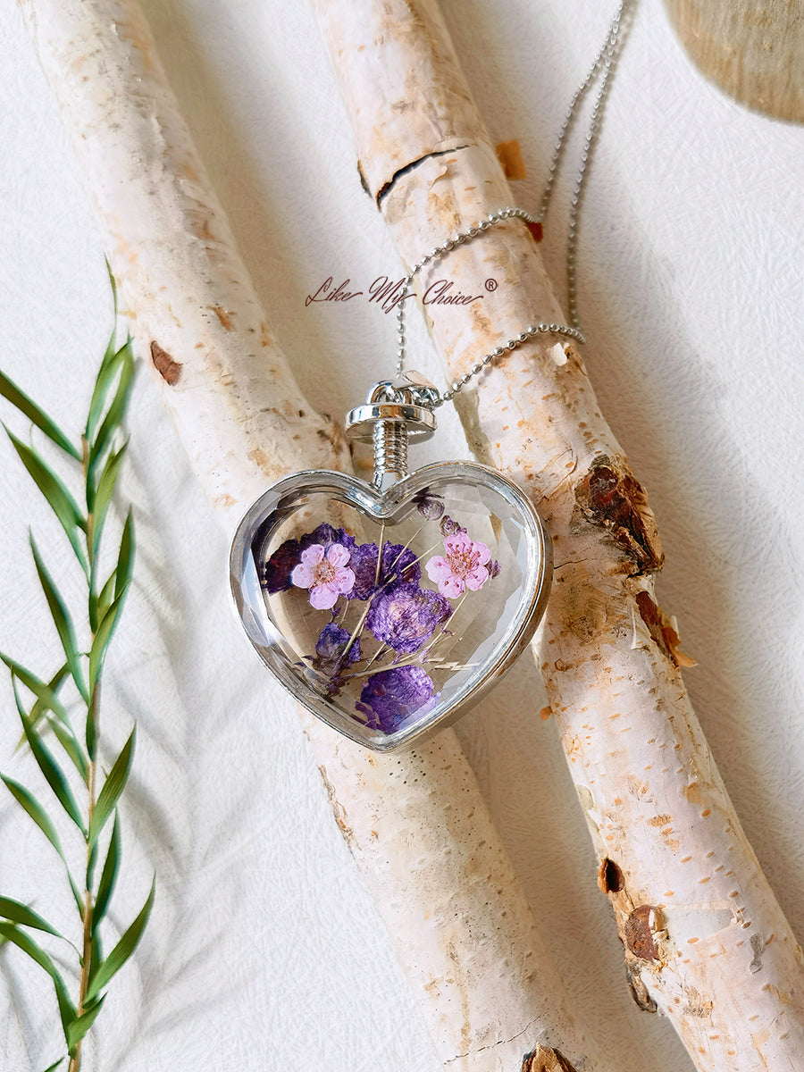 Flat Purple Red Flower Forget-Me-Not Crystal Glass Heart Necklace