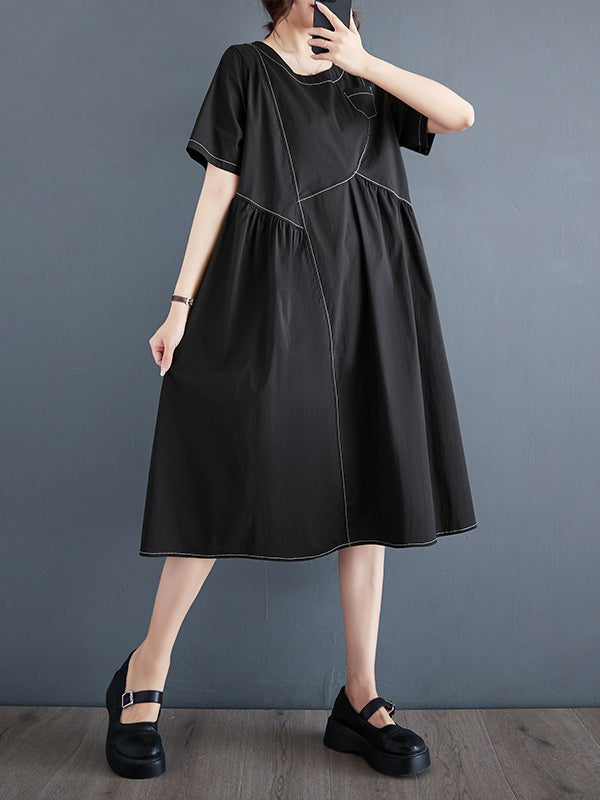 A-Line Loose Asymmetric Pleated Pockets Solid Color Split-Joint Round-Neck Midi Dresses