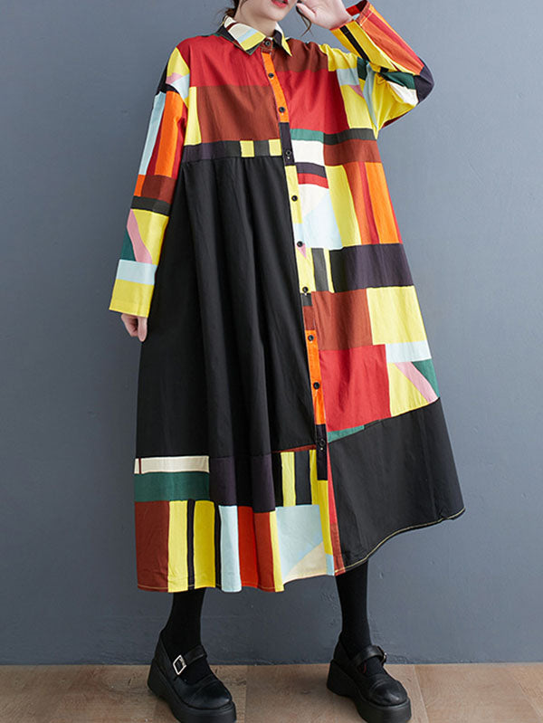 Long Sleeves Loose Color-Block Printed Split-Joint Lapel Midi Dresses