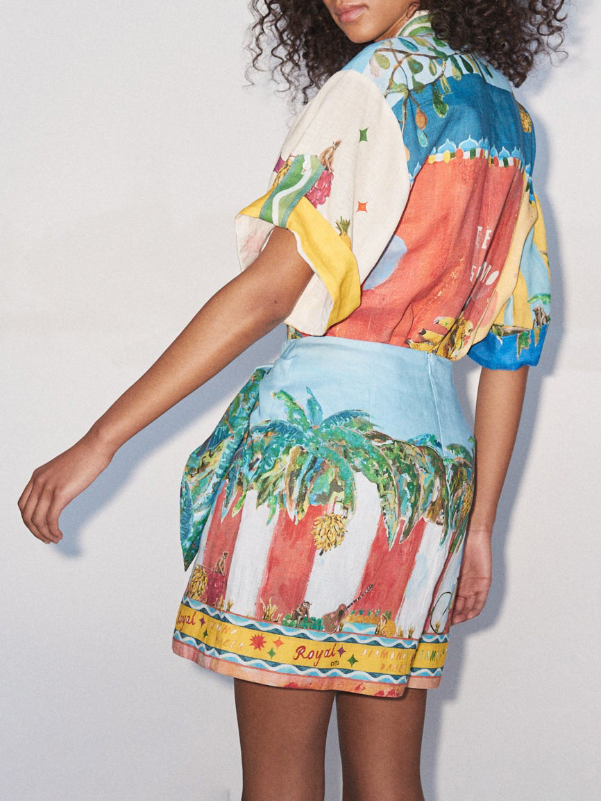 Unique Satin Painted Island Print Skirt And Shirt Two-Piece Set