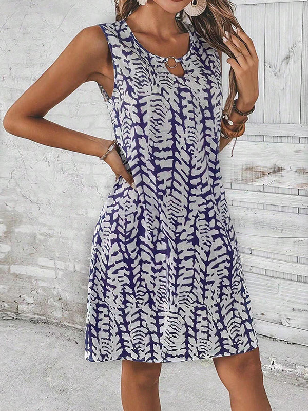 A-Line Loose Hollow Printed U-Neck Mini Dresses