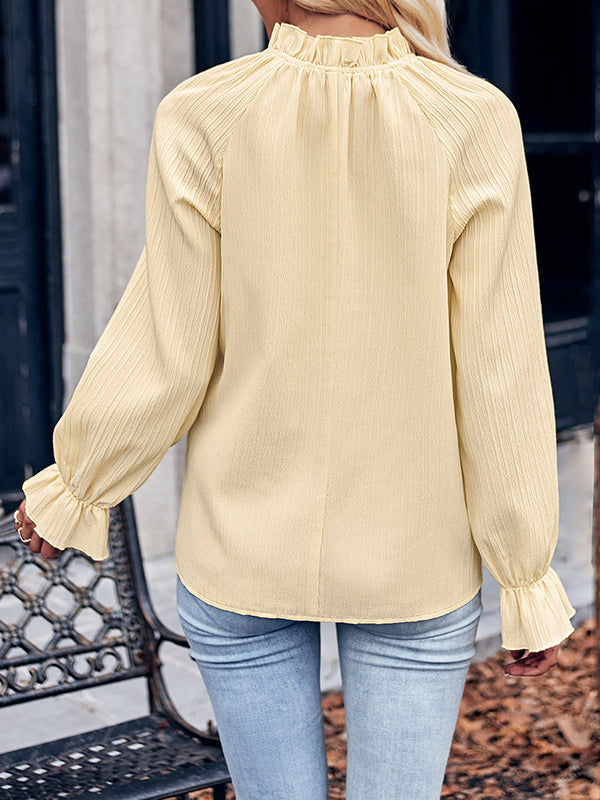 Long Sleeves Ruffle Sleeves Elasticity Ruffled Solid Color Mock Neck T-Shirts Tops