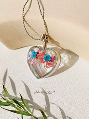 Flat Purple Red Flower Forget-Me-Not Crystal Glass Heart Necklace