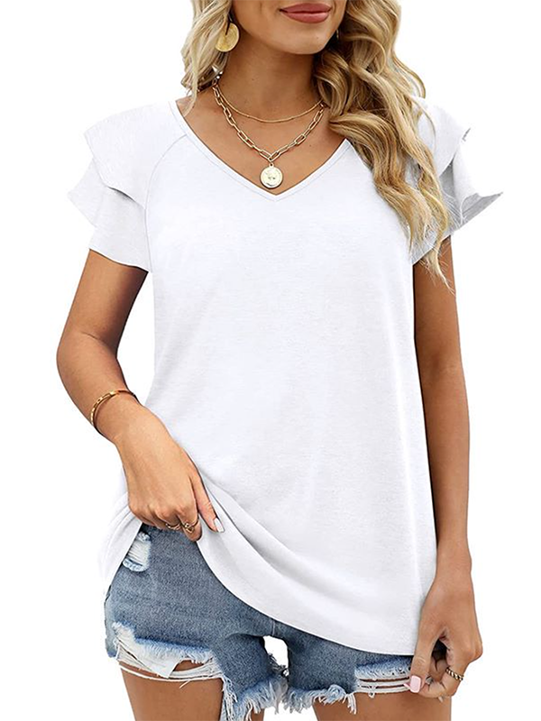 Casual Short Sleeves Falbala Solid Color V-Neck T-Shirts Tops