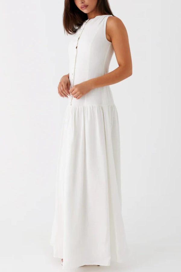 Unforgettable Evening Linen Blend Button Up Drop Waist Maxi Dress