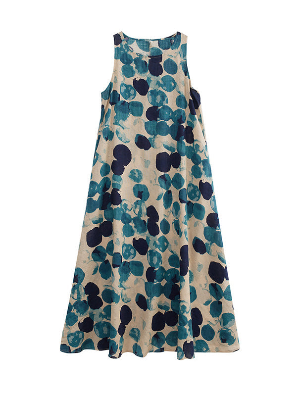 Loose Sleeveless Polka-Dot Round-Neck Maxi Dresses