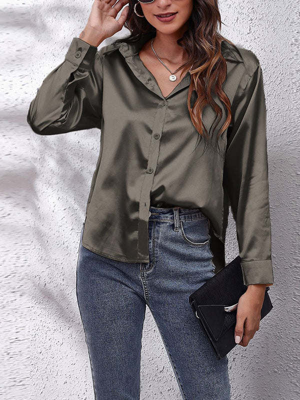 Long Sleeves Loose Solid Color Lapel Blouses