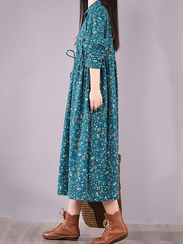 Original Lapel Frenum Floral Printed Midi Dress