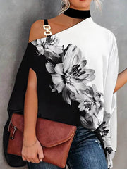 Batwing Sleeves Loose Asymmetric Chains Flower Print Asymmetric Collar Blouses&shirts Tops