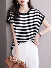 Loose Plus Size Contrast Color Striped Round-Neck T-Shirts