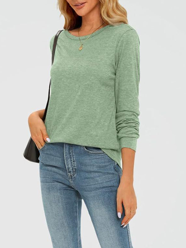 Long Sleeves Loose Solid Color Round-Neck T-Shirts Tops