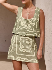 Loose Sleeveless Buttoned Pockets Printed Split-Joint Square-Neck Vest Top + Skirts Bottom Two Pieces Set