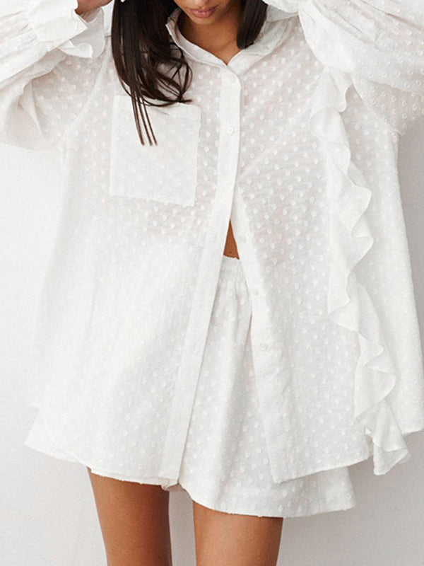 Loose Solid Color Jacquard Ruffled Split-Joint Lapel Blouse + High Waisted Shorts Two Pieces Set